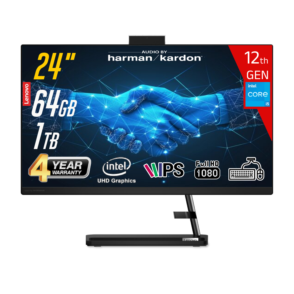 Lenovo IdeaCentre AIO3 24IAP7 Intel Core i5-12450H 64 GB RAM 1 TB SSD Intel UHD Graphics 23.8 FHD IPS FreeDos F0GH01J1TR-641 Klavye+Mouse Siyah All In One Bilgisayar