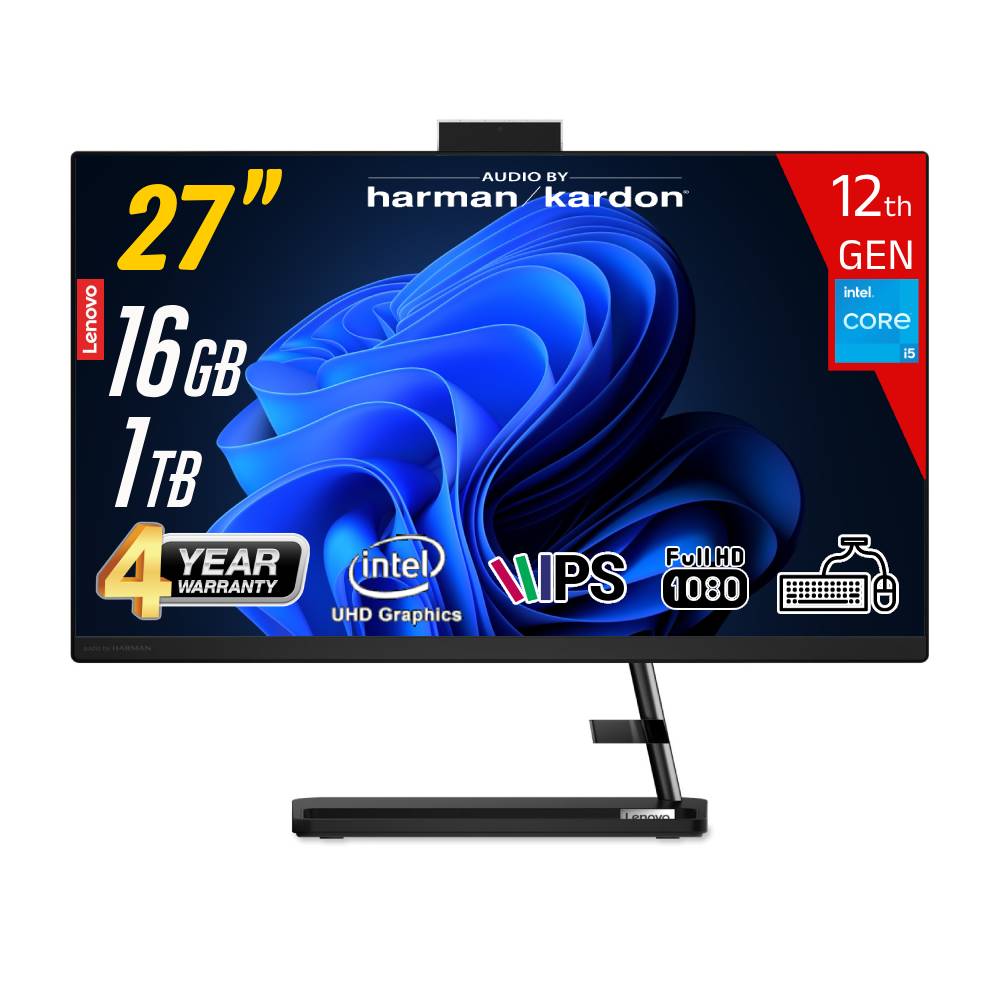 Lenovo IdeaCentre AIO3 27IAP7 Intel Core i5-12450H 16 GB RAM 1 TB SSD Intel UHD Graphics 27 FHD IPS Freedos F0GJ0129TR-161 Klavye+Mouse Siyah All In One Bilgisayar