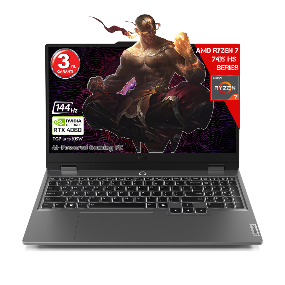 Lenovo LOQ 15ARP9 AI AMD Ryzen 7-7435HS 24 GB RAM DDR5 512 GB SSD SSD RTX4060 8GDDR6 15.6 IPS 144Hz FHD Freedos 83JC00FJTR-24512 Dizüstü Bilgisayar (Yapay Zeka Destekli)
