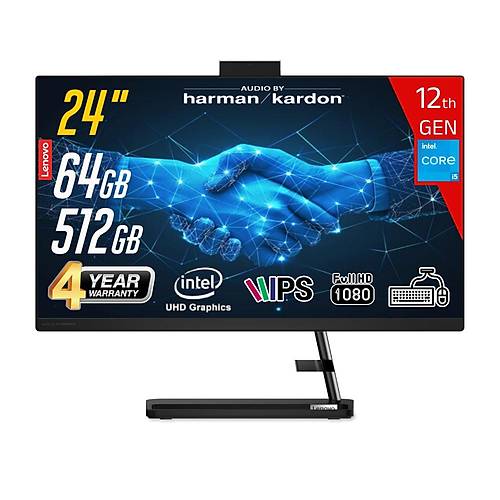 Lenovo IdeaCentre AIO3 24IAP7 Intel Core i5-12450H 64 GB RAM 512 GB SSD Intel UHD Graphics 23.8 FHD IPS FreeDos F0GH01J1TR-64512 Klavye+Mouse Siyah All In One Bilgisayar