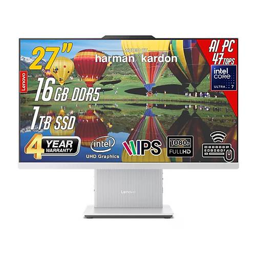 IdeaCentre 27ILL11 Intel Core U7-256V 16GB 1TB 27inc FreeDos Beyaz AI-Power AllinOne Bilgisayar