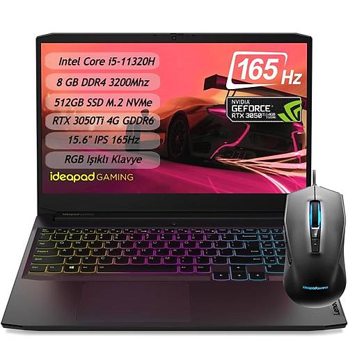Lenovo IdeaPad Gaming 3 82K101EMTX Intel Core i5 11320H 8GB 512GB SSD GeForce RTX3050Ti 4GD6 Windows 11 Home 15.6 IPS 165Hz Gaming Dizst Bilgisayar