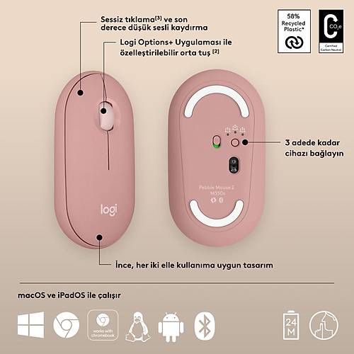 Logitech Pebble 2 M350S 910-007014  Pembe Kablosuz Bluetooth Mouse