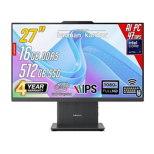 IdeaCentre 27ILL11 Intel Core U7-256V 16GB 512GB 27inc FreeDos Siyah AI-Power AllinOne Bilgisayar