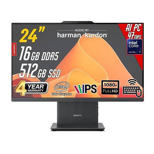 IdeaCentre 24ILL11 Intel Core U7-256V 16GB 512GB 23.8inc FreeDos Siyah AI-Power AllinOne Bilgisayar