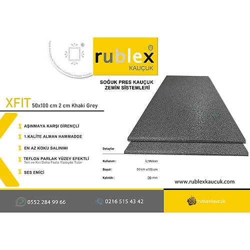 Rublex Kauçuk  Soğuk Pres XFit Pro Khaki Grey 50x100 cm 2 cm Profesyonel  Soğuk Pres Kauçuk Zemin 1 Adet