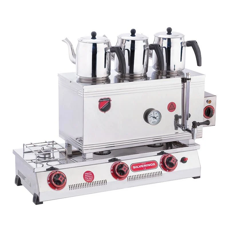 SilverInox 60 Model Kaynaklı Çay Ocağı, Çift Taban, 3 Demlikli, 33 L, Elektrikli+LPG'li, 2101
