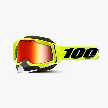 %100 RACECRAFT 2 SNOW FLUO YELLOW MIRROR RED LENS GOGGLES