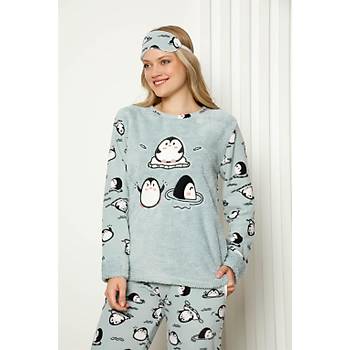 Moda Çizgi Welsoft Polar Kadýn Manþetli Pijama Takýmý 8419