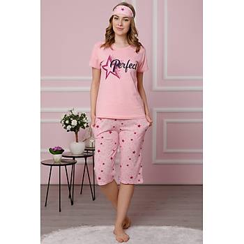 Moda Çizgi Kadýn Pembe Pamuklu Cepli Kapri Pijama Takým 3510