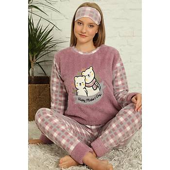 Moda Çizgi Welsoft Polar Kadýn Manþetli Pijama Takýmý 8435