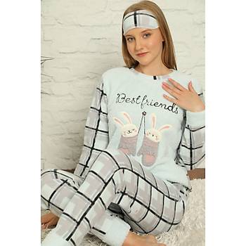 Moda Çizgi Welsoft Polar Kadýn Manþetli Pijama Takýmý 8437