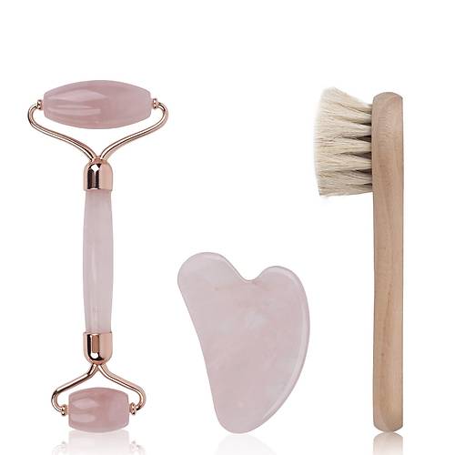 Doğal Taş Pembe Kuvars Roller & Gua Sha & At Kılı Yüz Masaj Fırçası (3'lü Set)