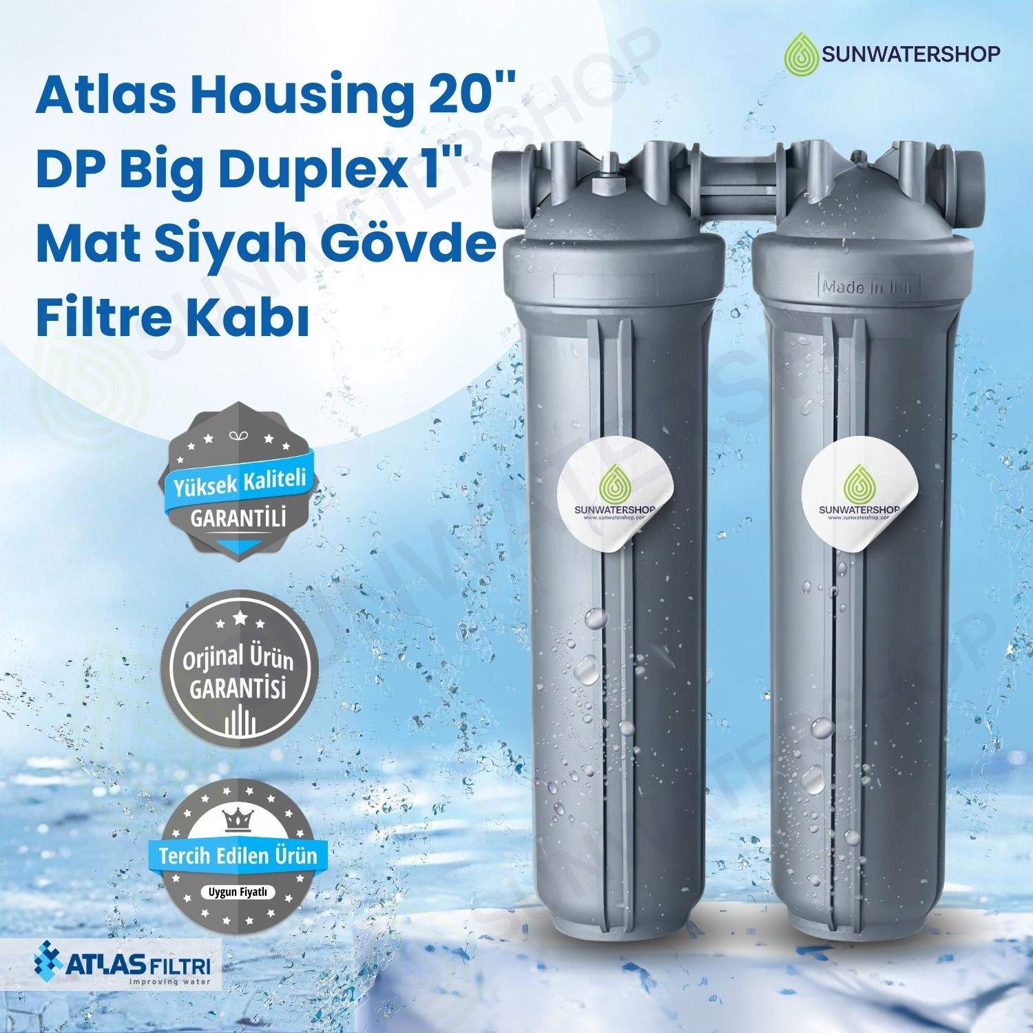 Atlas Housing 20'' DP Big Duplex 1'' Mat Siyah Gövde Filtre Kabı