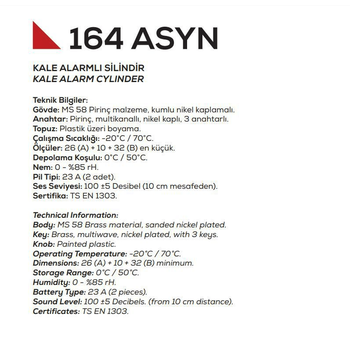 Kale 164 ASYN Alarmlý Kapý Kilit Göbeði 71mm