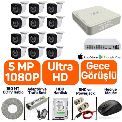 12 Kameral 5 MP Sony Lens Gece Grl AHD Gvenlik Kameras Sistemi