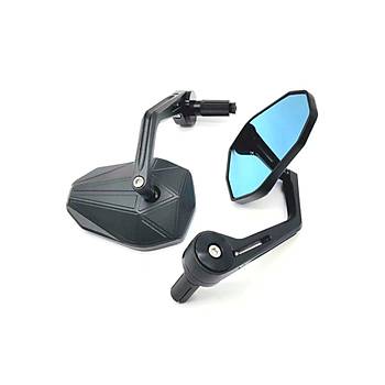 Motosiklet Gidon Ucu Cnc Kesim Mat Siyah Geni Mavi Cam Ayna