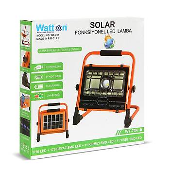 Watton WT-734 P70 LED Solar Panel �arjl� Ta��nabilir Projekt�r (176 SMD + Yan LED)