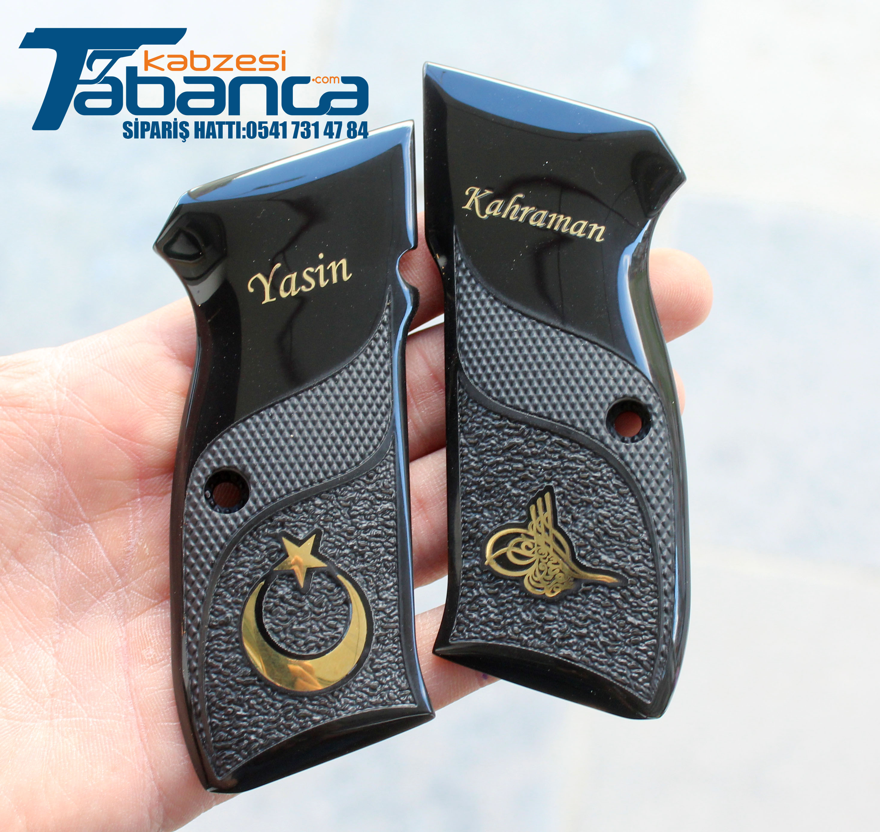 CZ 75 Uyumlu Siyah Pleksi Kabze - Sarı Pirinç Logolu Kişiye Özel Tasarım