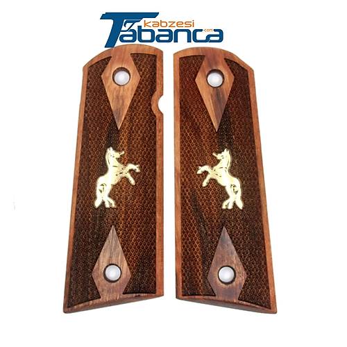 Colt 1911 Uyumlu Ceviz A�ac� Kabze - Sar� Pirin� At Logolu