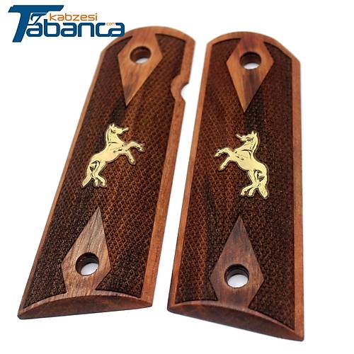 Colt 1911 Uyumlu Ceviz A�ac� Kabze - Sar� Pirin� At Logolu