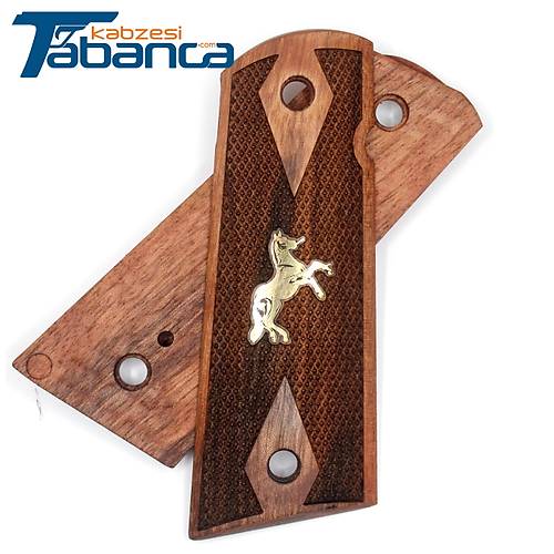 Colt 1911 Uyumlu Ceviz A�ac� Kabze - Sar� Pirin� At Logolu