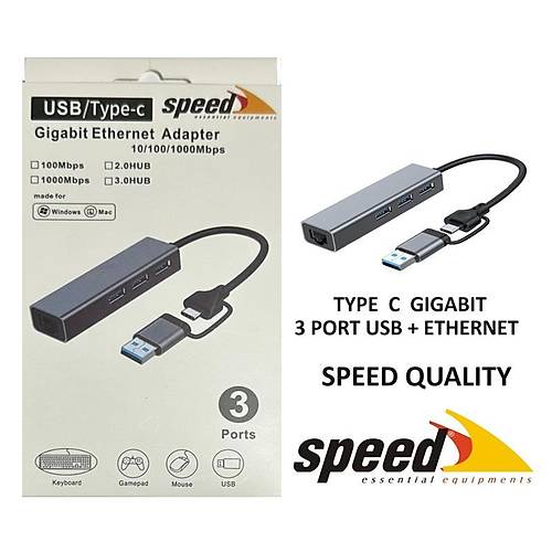 SPEED SP UET01 10/100/1000MBPS USB / TYPE-C 3 PORT USB 3.0 OKLAYICI GIGABIT ETHERNET EVRC