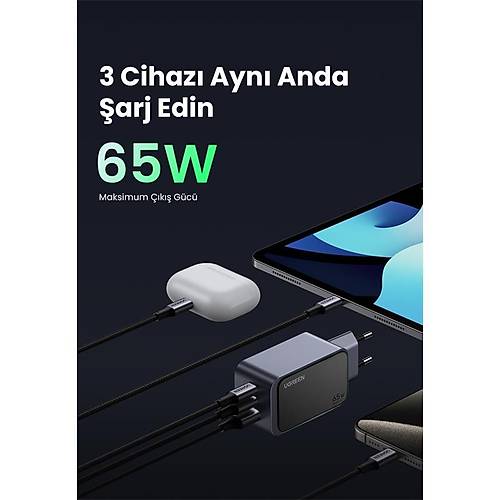 UGREEN NEXODE AIR 65W GAN HIZLI ARJ CHAZI TYPE-C QC PD 2XUSB-C 1XUSB-A GR 35042