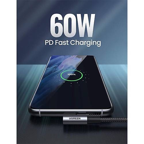 UGREEN USB-C 60W 3A QC PD FT TARAFI 90 DERECE RGL HIZLI ARJ KALOSU 2 MT SYAH 70531