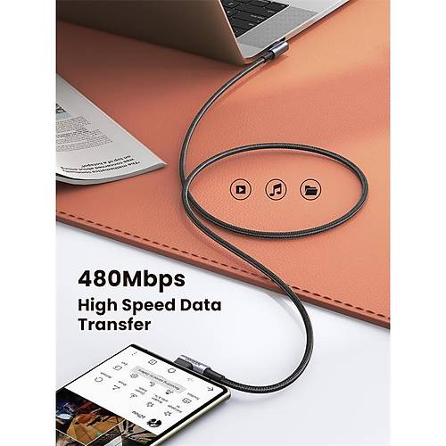 UGREEN USB-C 60W 3A QC PD FT TARAFI 90 DERECE RGL HIZLI ARJ KALOSU 1 MT SYAH 70529