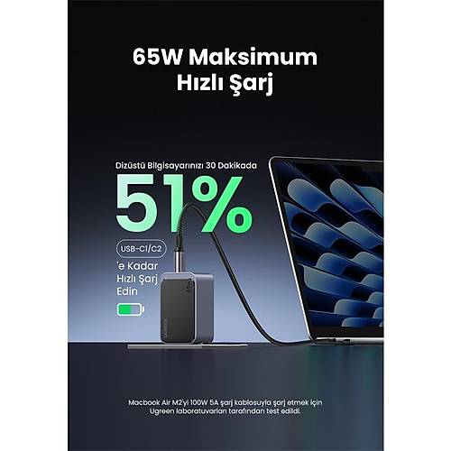 UGREEN NEXODE AIR 65W GAN HIZLI ARJ CHAZI TYPE-C QC PD 2XUSB-C 1XUSB-A GR 35042