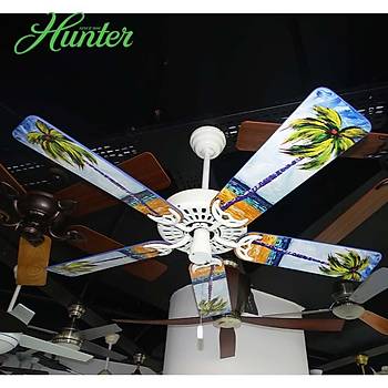 Hunter - Classic Original Beyaz - 132 Cm. Büyülü Palmiye Desenli Kanatlı Dış Mekan - Nemli Mekan Tavan Vantilatörü