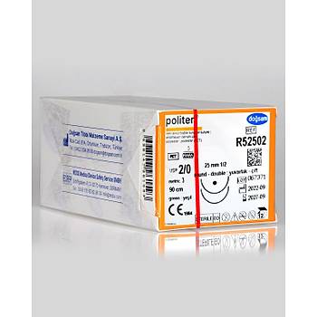 Dosan Politer 2/0 25mm 1/2 Yuvarlak ift ne 90cm PET Emilemeyen Stur R52502