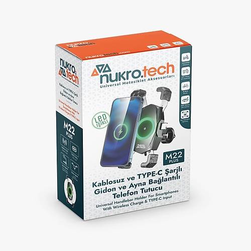 Nukrotech M22 PLUS Wireless arjl ve TYPE C Motosiklet Telefon Tutucu