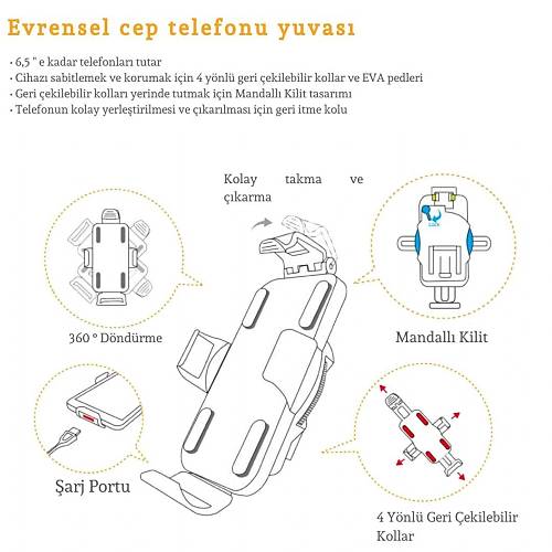 DGDOCK ALMNYUM AYNA BALANTILI MOTOSKLET TELEFON TUTUCU