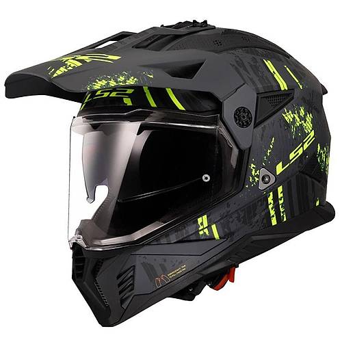 LS2 Pioneer 2 Crazy Mat Siyah-Gri-Neon Sar Cross Kask