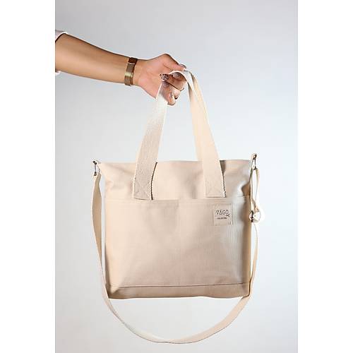 Kanvas College Totebag (Bej) - (Fermuarlı)