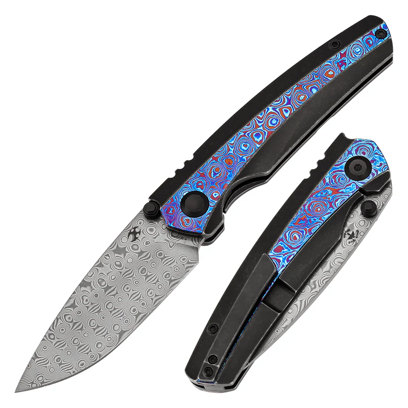 KANSEPT Thumb Stub | Blackwash Titanyum Sap & Timascus Detaylar | 3.13" Damascus Çelik Bıçak | Black Bird Blades Tasarımı