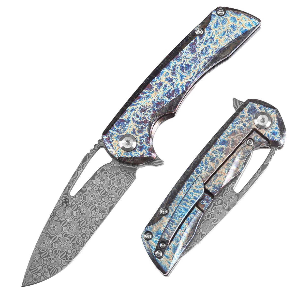 KANSEPT Mini Kryo Thumb Hole | Titanyum Sap | Lightning Strike Finish | 2.9" Şam Çeliği (Damascus) Bıçak | Kim Ning Tasarımı |