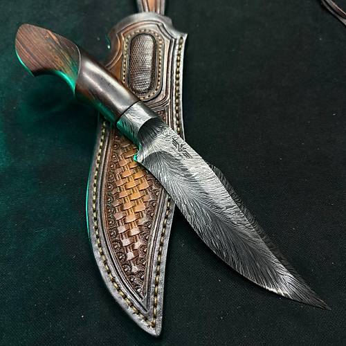 El Yap�m� Ku� T�y� Damascus Integral Bowie B��a�� | Demir A�ac� Kabza | 30 cm Koleksiyon Eseri