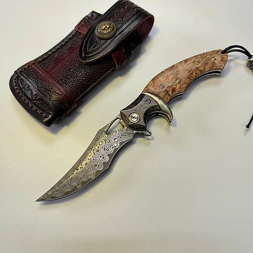 Premium Hu� Kabzal� K�l�fl� Damascus Flipper �ak� (VG10 San Mai)