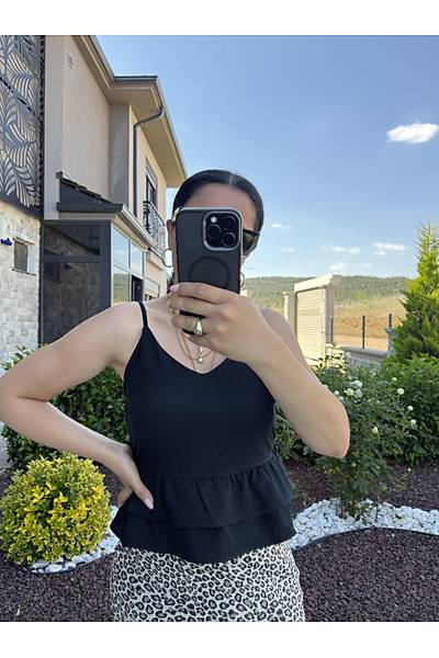 Siyah �p Ask�l� Keten Bluz