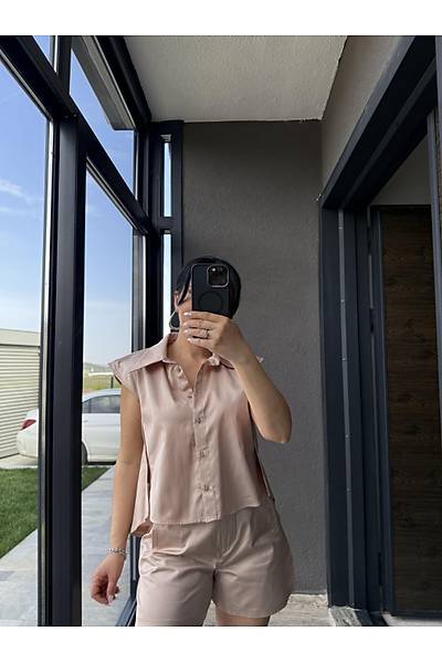 Poplin Pudra ortlu Gmlek Takm