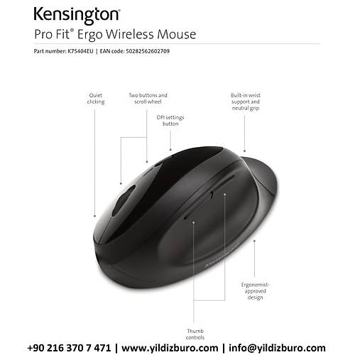 Kensington ProFit Kablosuz Ergo Mouse Siyah