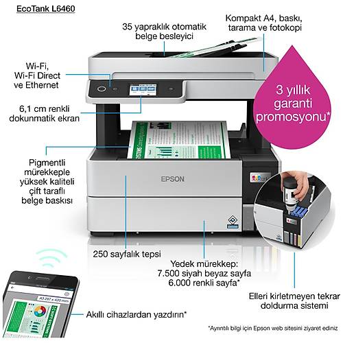 EPSON Ecotank L6460 Yazc Tarayc Fotokopi