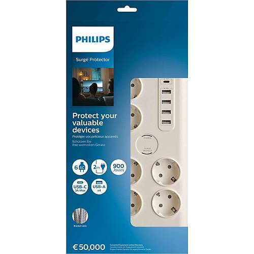 Philips SPN7060WA/62 6'lı Akım Korumalı & 5 USB Girişli Prız 900J 2 M 1 x Type C - 4 x Type A SPN706