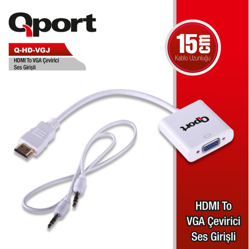 QPORT Q-HD-VGJ HDMI to VGA �evirici Adapt�r + 3.5mm Ses Jack Full HD Aktif D�n��t�r�c�