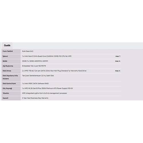 HPE ProLiant ML30 Gen11 Intel Xeon E-2314 2x16GB UDIMM Ram 2TB SSD 350W Power 4U Kasa TOWER SERVER P71385-425