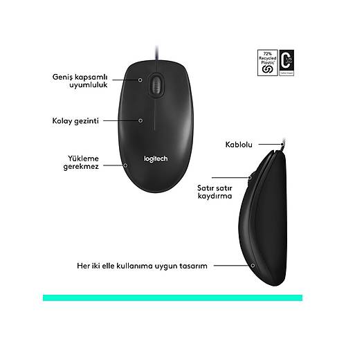 LOGITECH M100 USB KABLOLU MOUSE S�YAH 910-006652