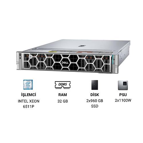 DELL POWEREDGE R570 SPL2 XEON 6511P 32GB DDR5 RDIMM-2x960GB SSD-2x1100w 2U Rack Sunucu